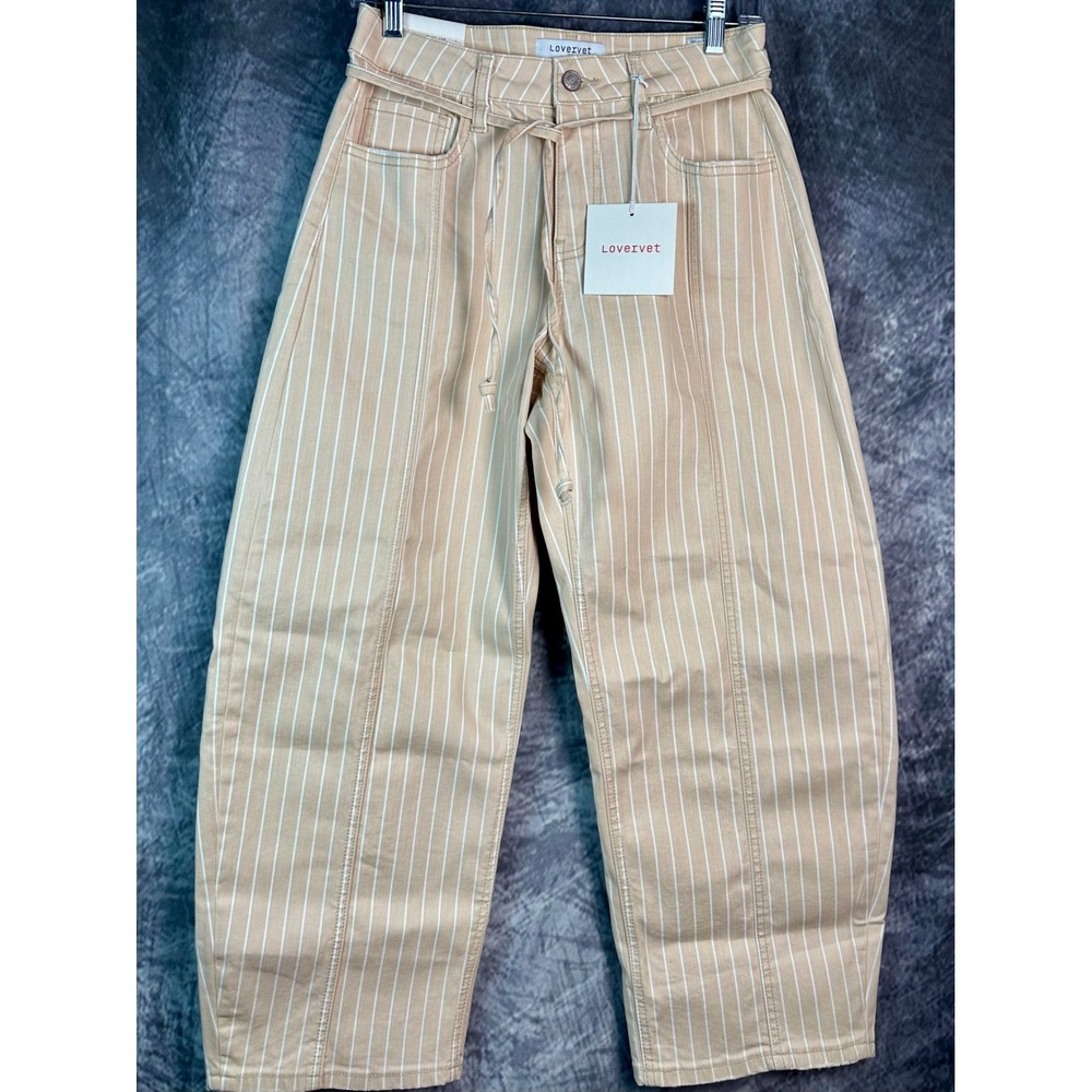 NWT Lovervet Barrel Leg Jean Womens 27 Tan White Stripe High Rise Seamed